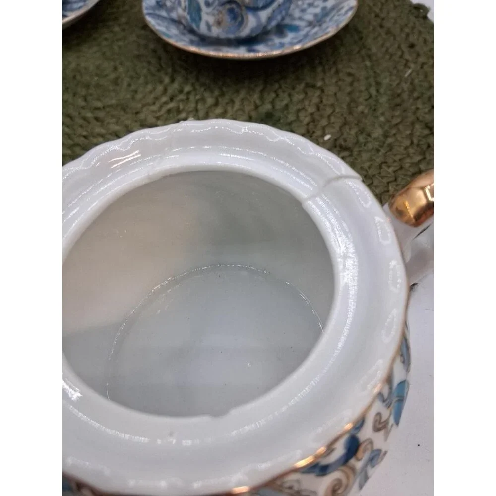 Vintage Lefton China Hand Painted Blue &Gold Floral Tea Set W/Sugar Bowl Cre